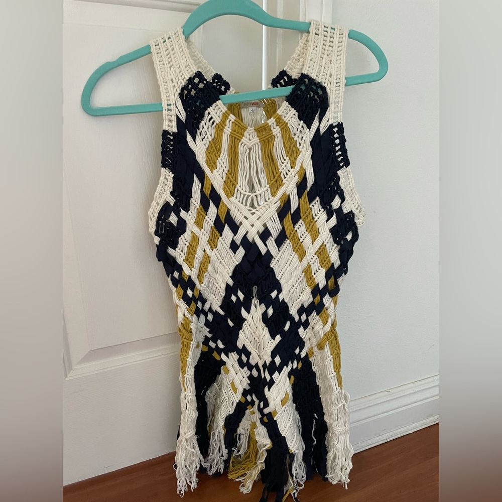 Cotton Anthropologie Crochet Fringe Festival Dress - Navy/Cream/Gold